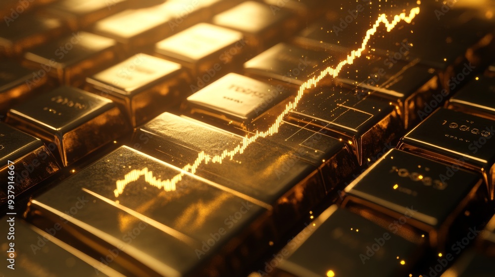 Poster a financial graph showing exponential growth, placed over a background of gold bars, symbolizing wea