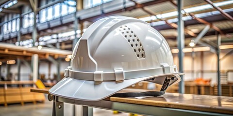 A white hard hat sits on a metal holder, showcasing its ventilation holes and adjustable chin straps, ready for industrial or construction use.