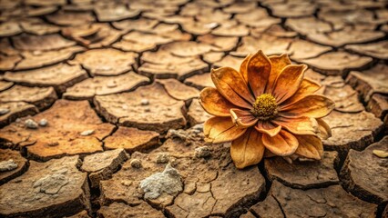 A wilted, brown flower petal lies alone on a cracked, dry earth surface, symbolizing the fleeting nature of beauty and the passage of time.