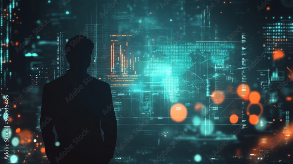 Aufkleber a futuristic financial graph with digital elements, overlaid on a businessman silhouette in a dark, 