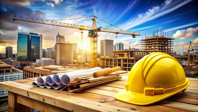 A yellow hard hat and blueprint lie on a wooden beam amidst a bustling construction site with excavators and cranes building a modern cityscape.