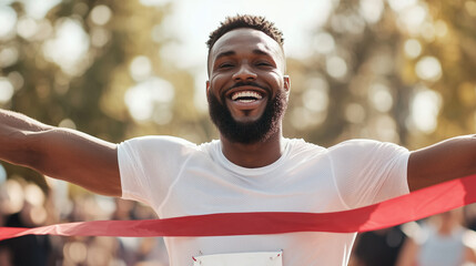 A happy male athlete arrives first at the finish line, breaking through the red ribbon with arms spread wide, smiling triumphantly after winning the marathon race competition, capt