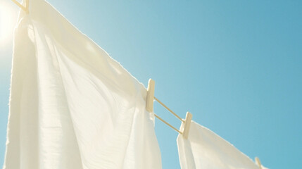 close-up of fresh white laundry hanging outdoors against a bright blue sky, with sunlight gently illuminating the fabric, capturing the freshness and purity of clean clothes drying