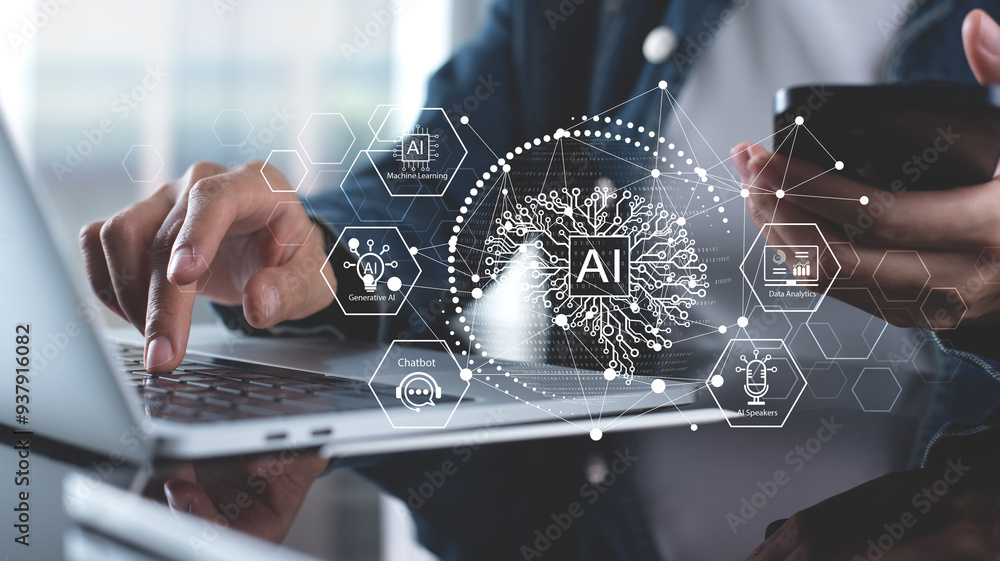 Poster ai and business intelligence technology concept. business development with ai machine learning for c