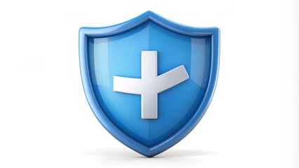 Obraz premium Blue shield with white cross and tick symbols, representing trusted healthcare, protection, and approved medical safety, on a clean white background, symbolizing reliable wellness.
