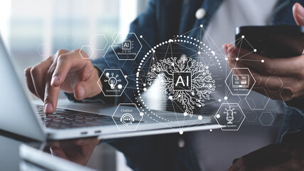 AI and Business intelligence technology concept. Business development with AI machine learning for customer service system, digital chatbot, data analysis and digital marketing