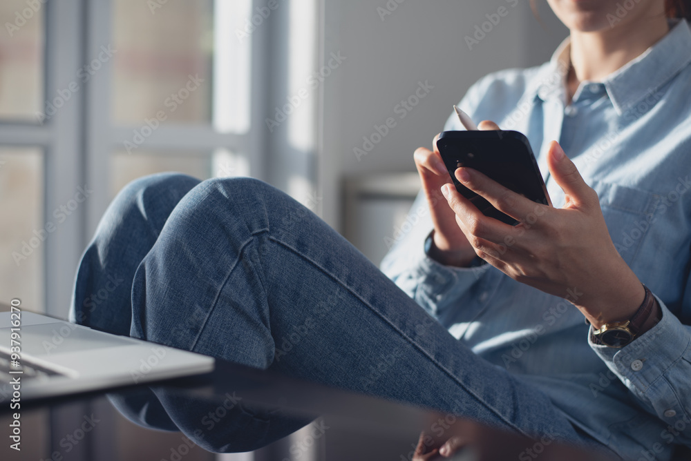 Canvas Prints casual business woman using mobile phone online working on laptop computer and digital tablet on tab