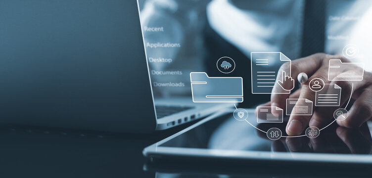 Document management system concept, software system for managing documents, information, organization. document searches and shares, data access, documentation reducing data loss
