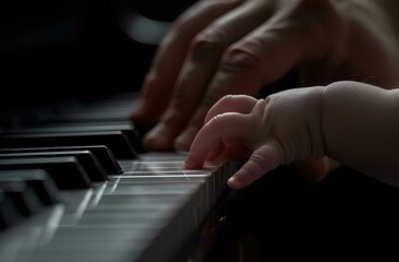 Obraz premium Close-up of a baby's hand on a father playing piano, an emotional moment between parent