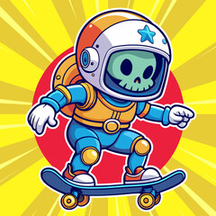 Vector skull astronaut playing skateboard in attractive pose in cartoon style