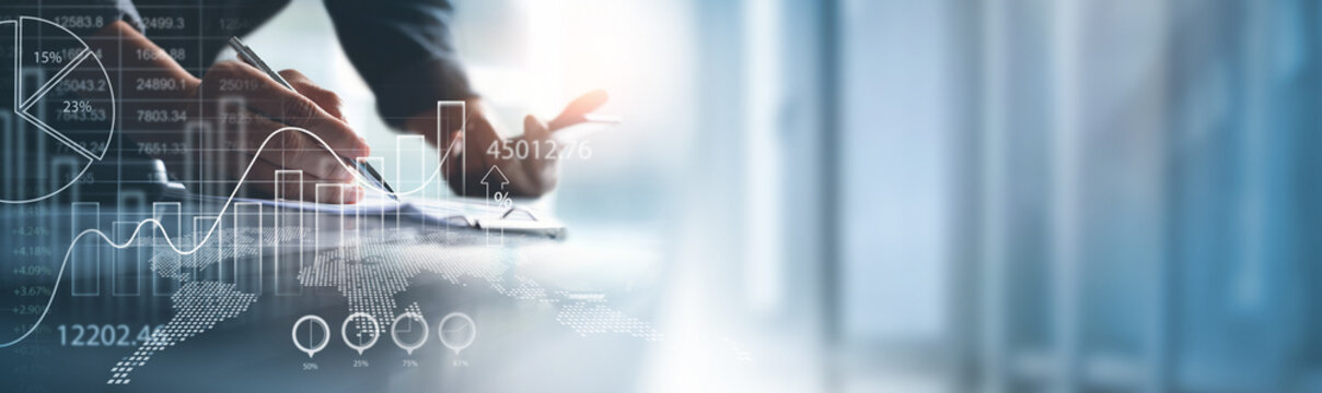 Finance and accounting, business analysis concept. Businessman analyzing business data, financial grpah report, budget and tax management, economic grwoth, strategy, planning and solution