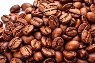 Fototapeta premium Brown roasted coffee beans isolated on a clean white background, showcasing the natural texture and detail of the individual seeds in high contrast.