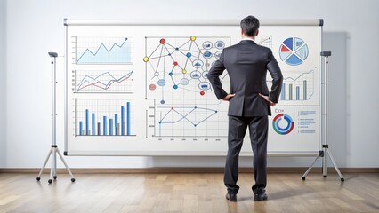 Businessman standing in front of a whiteboard with diagrams and charts, developing a business plan or strategy on a clean white background.