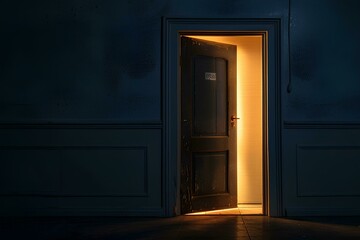 A door with an "EXIT" sign glowing in the darkness, leading to light and hope. Minimalistic in the style of copyspace banner.