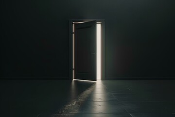 A door with an "EXIT" sign glowing in the darkness, leading to light and hope. Minimalistic in the style of copyspace banner.