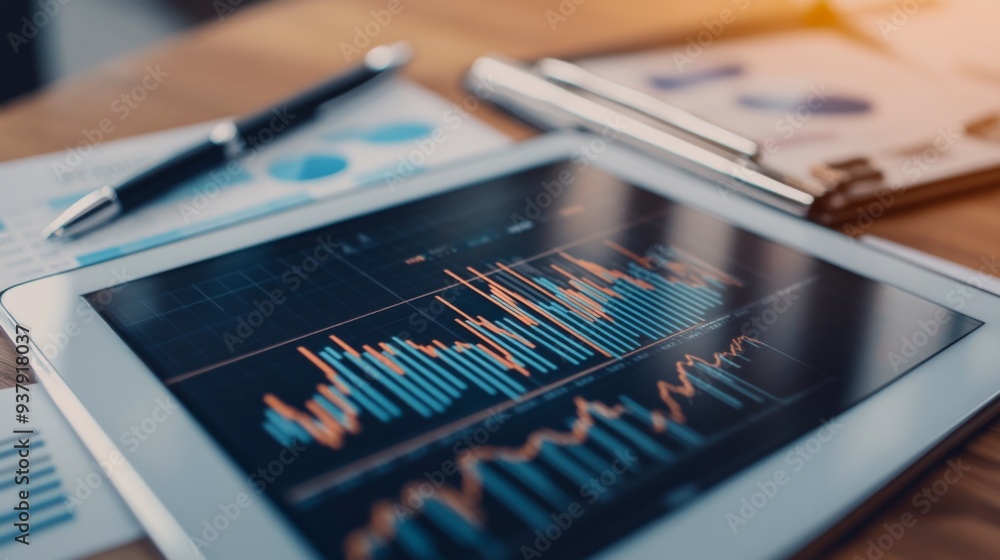 Leinwandbilder A modern financial graph displayed on a digital tablet with a background of business documents and a pen, highlighting stock market trends.