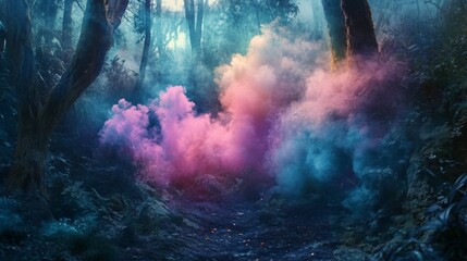 Obraz premium A mystical scene of colored smoke drifting through a dense forest, creating a dreamlike atmosphere.
