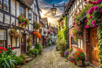 Fototapeta premium Charming narrow street lined with historic timber-framed buildings, adorned with vibrant flowers and lanterns, evoking a sense of quintessential English village charm.