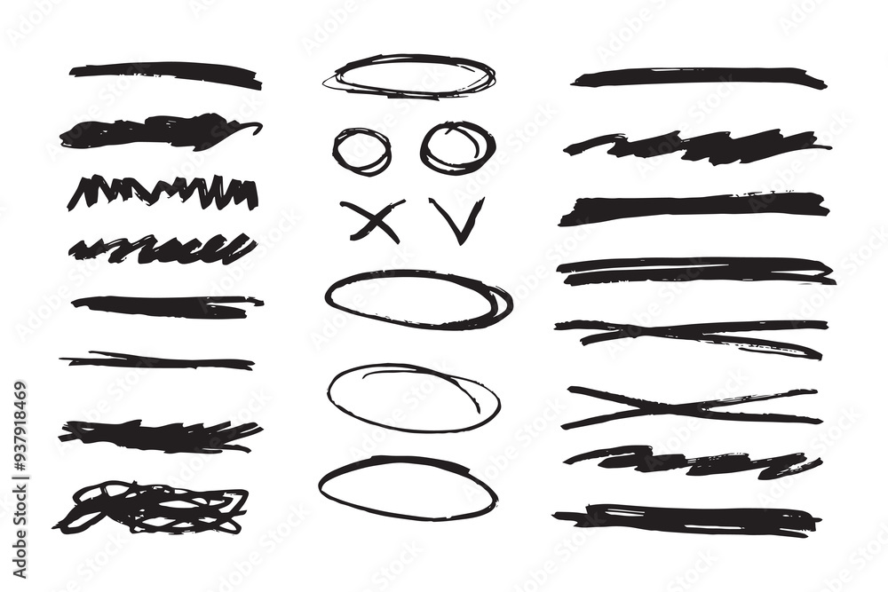 Poster hand draw marker pen strokes. brush set. scribble lines and brush strokes.
