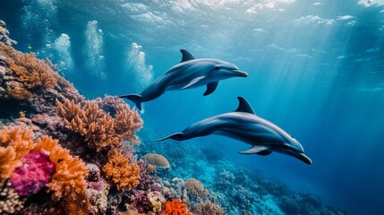 Fototapeta premium A peaceful scene of dolphins swimming near a coral reef, with vibrant marine life and colorful corals in the foreground.