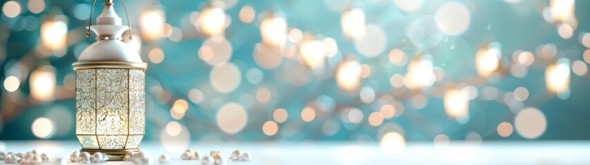 Obraz premium Islamic Lantern and Crescent Moon Design, a luxurious 3D illustration featuring intricate decorations, perfect for Ramadan, Mawlid, Eid celebrations, and festive greetings.