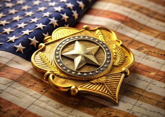 Close-up of a gold US SWAT badge lying on the United States Constitution, symbolizing law enforcement's commitment to protecting American democracy and freedoms.