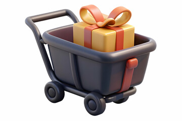 3D Shopping Cart with Gift Box Vector concept as Vector of a shopping cart with a gift box inside isolated on a white background symbolizing Black Friday holiday shopping and gift purchases with a sim
