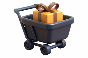 3D Shopping Cart with Gift Box Vector concept as Vector of a shopping cart with a gift box inside isolated on a white background symbolizing Black Friday holiday shopping and gift purchases with a sim