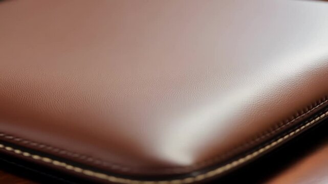 Close up of a brown leather surface with a white stitch, highlighting the texture and craftsmanship. The warm lighting creates a sense of luxury and sophistication
