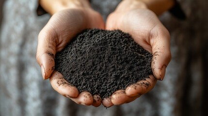 Hands grasping dark, fertile soil, showcasing its richness and texture