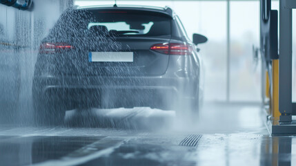 A dynamic shot of a car being thoroughly cleaned by rotating brushes and water sprays as it moves through an automated car wash machine, highlighting the efficiency and thoroughnes