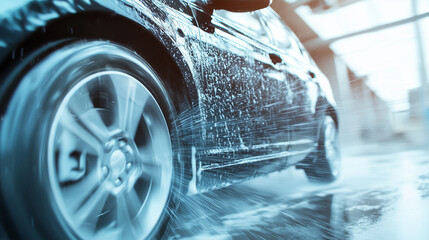 A close-up view of a vehicle getting washed in an automated car wash, with brushes and water jets in motion, emphasizing the detailed and effective cleaning process. photo