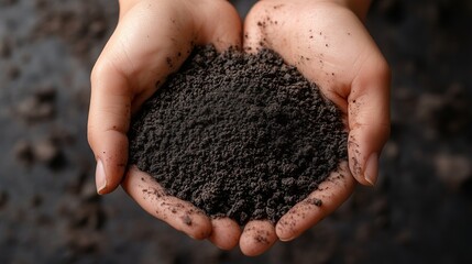 Hands are cradling a handful of dark, fertile soil in bright daylight outdoors