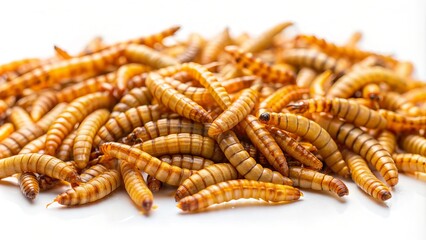 Close-up shot of mealworms scattered on a white background, showcasing their yellowish-brown color and worm-like bodies with distinct segments and tiny legs.