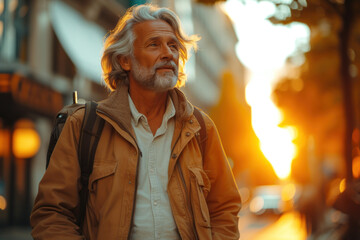 Obraz premium Stylish elderly man walking confidently in urban street