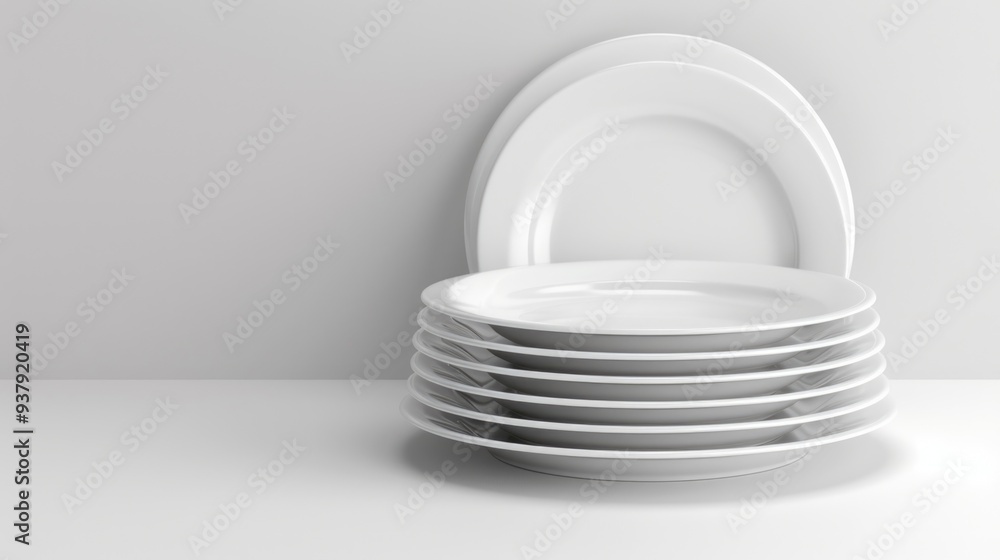 Poster stack of white plates sitting on a table, ready for use