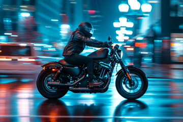 Motorcyclist riding through city streets at night, side view capturing motion blur panning effect from city lights and reflections on wet road, embodying spirit of adventure and urban exploration