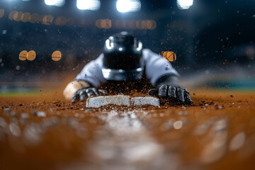 Close up of baseball player sliding to home plate, capturing intensity and action under bright stadium lights, illustrating drama and excitement of pivotal moment in baseball game