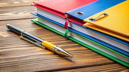 Colorful binder with policy documents and a pen on a wooden desk, representing a comprehensive and organized approach to insurance planning and management.