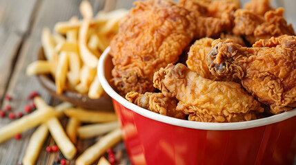 
A large bucket of fried chicken with a generous side of crispy fries