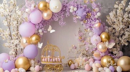 Whimsical Balloon Arch Cakesmash with Easter Egg and Golden Carriage