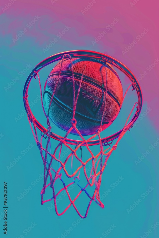 Poster a basketball player scores a basket by shooting the ball through the hoop of a basketball net