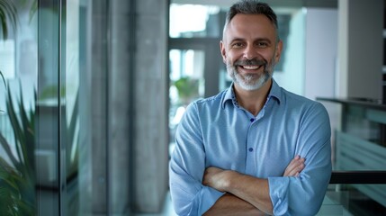 Fototapeta premium Smiling handsome businessman with crossed arms in modern office, middle-aged gray-haired man exuding confidence, business success concept.