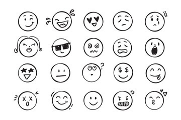 Emoji face icon doodle set. Faces with different emotion mood. Hand drawn comic sketch style. 