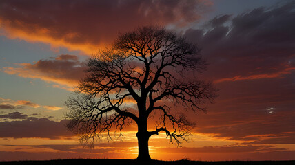 A lone tree standing on a hilltop, silhouetted against a vibrant sunset sky. Background