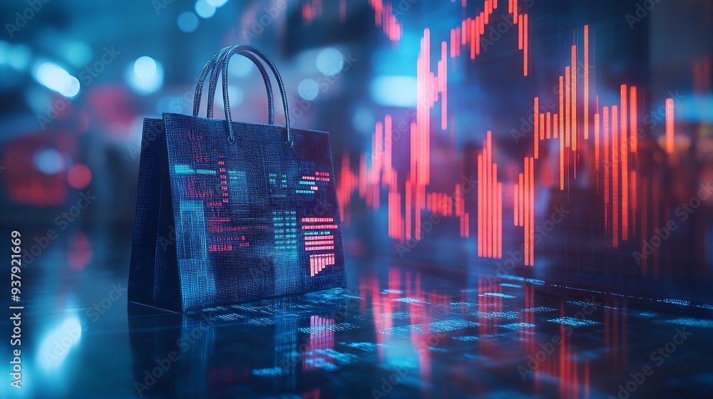 Aufkleber Image of financial data processing over shopping bag Global shopping business finance computing and data processing concept digitally generated image : Generative AI