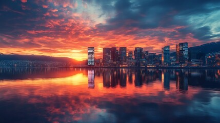 Fototapeta premium Oslo Norway sunrise city skyline at business district and Barcode Project : Generative AI