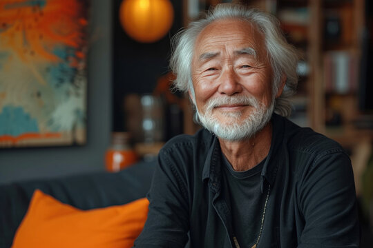 Elderly Asian man smiling warmly in cozy living room