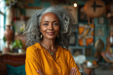 Obraz premium Confident mature woman with gray hair in colorful home setting