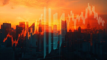 An abstract financial graph with upward and downward trends, overlaid on a cityscape at sunset, representing economic growth and decline.